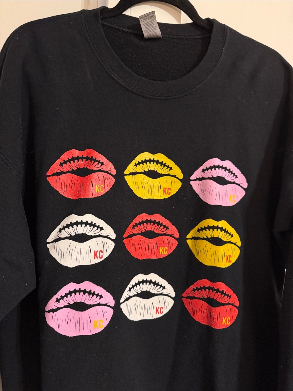 Kansas City Black Crewneck Sweatshirt with Colorful Lip Grid